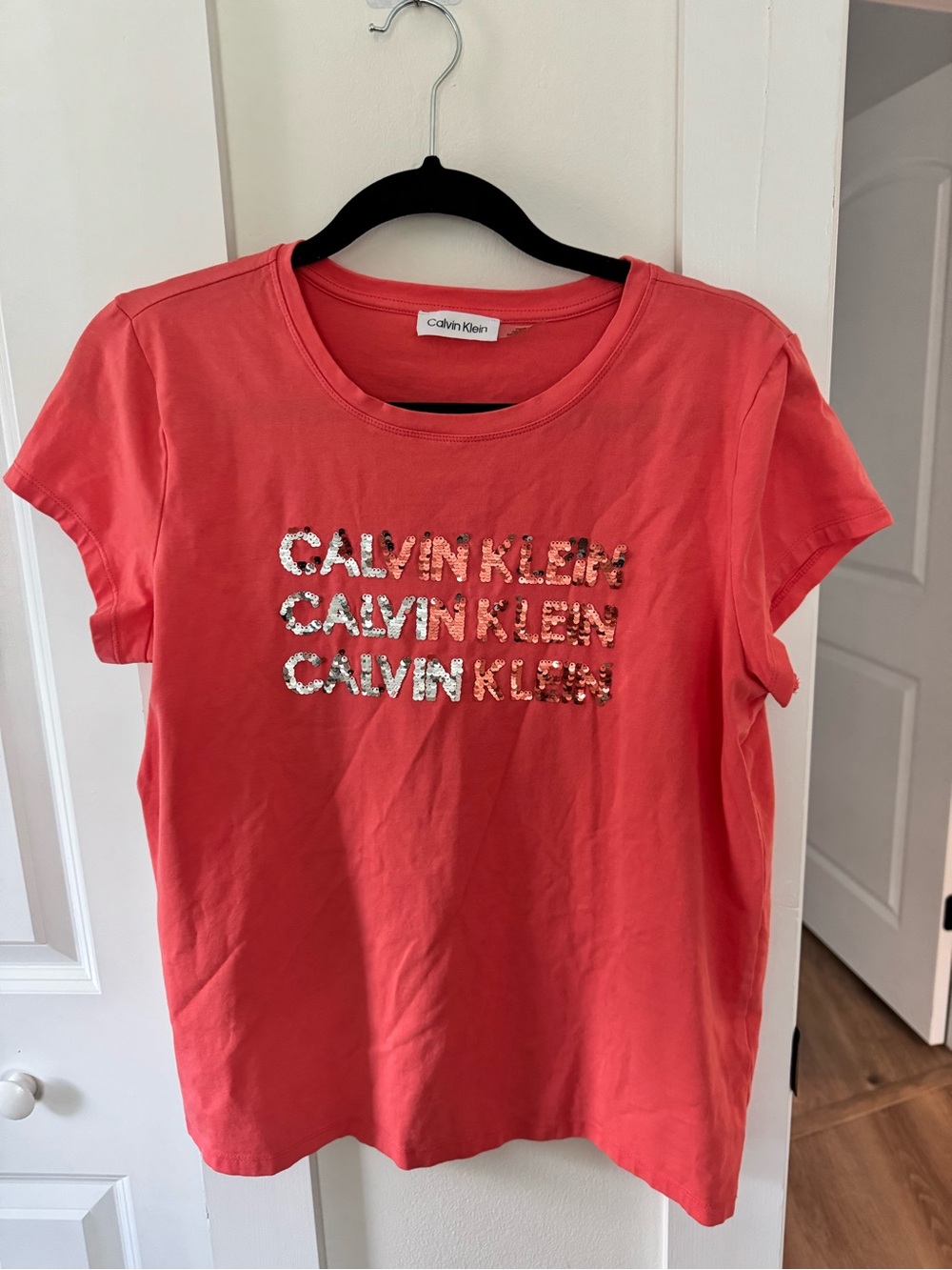 Calvin Klein Coral Short Sleeve Tee with Sequin Logo